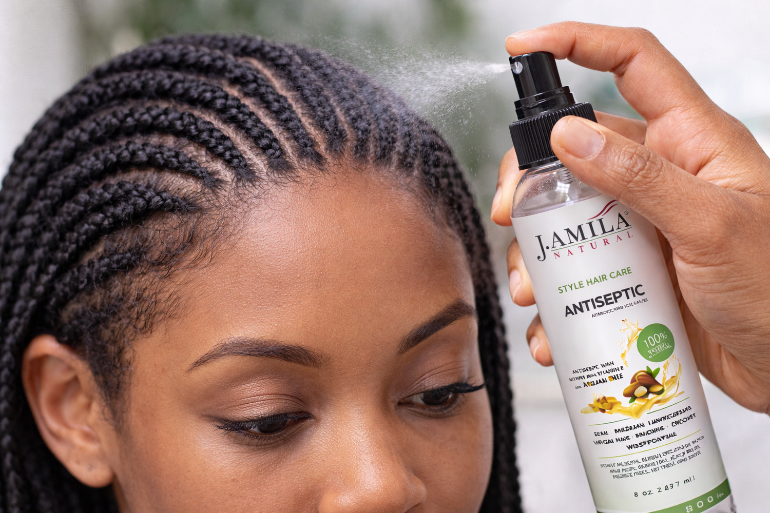 J. Amila Natural Antiseptic Spray with Argan Oil &amp; Myrrh – Scalp Relief, Itch Control &amp; Cleanse for Wigs, Braids &amp; Natural Hair (8 oz / 237 ml)