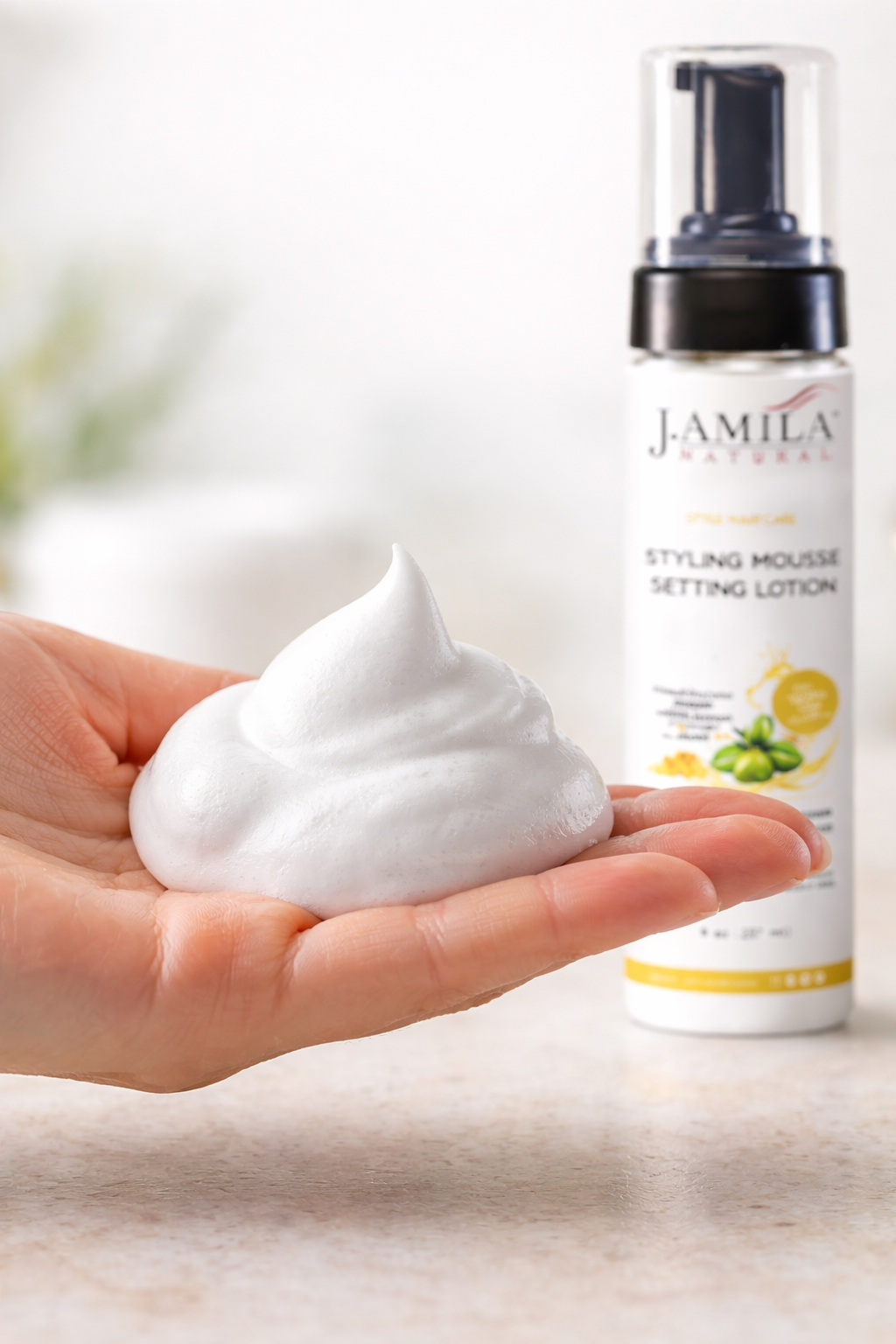 J. Amila Natural Styling Mousse Setting Lotion with Olive Oil – Flexible Hold, Frizz Control &amp; Shine – For Wigs, Weaves &amp; Natural Hair (8 oz / 237 ml)