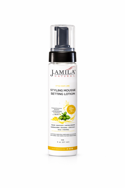 J. Amila Natural Styling Mousse Setting Lotion with Olive Oil – Flexible Hold, Frizz Control &amp; Shine – For Wigs, Weaves &amp; Natural Hair (8 oz / 237 ml)