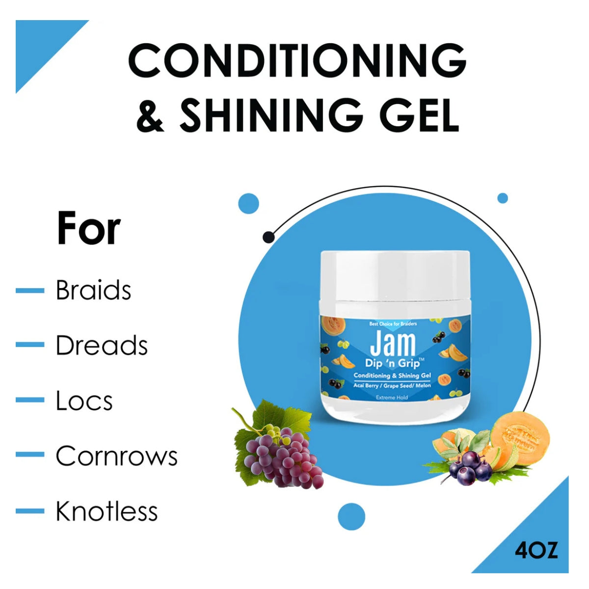 Jam Dip n Grip Conditioning &amp; Shining Gel Acai Berry/Grape Seed/Melon, Extreme Hold Hair Gel (4oz)