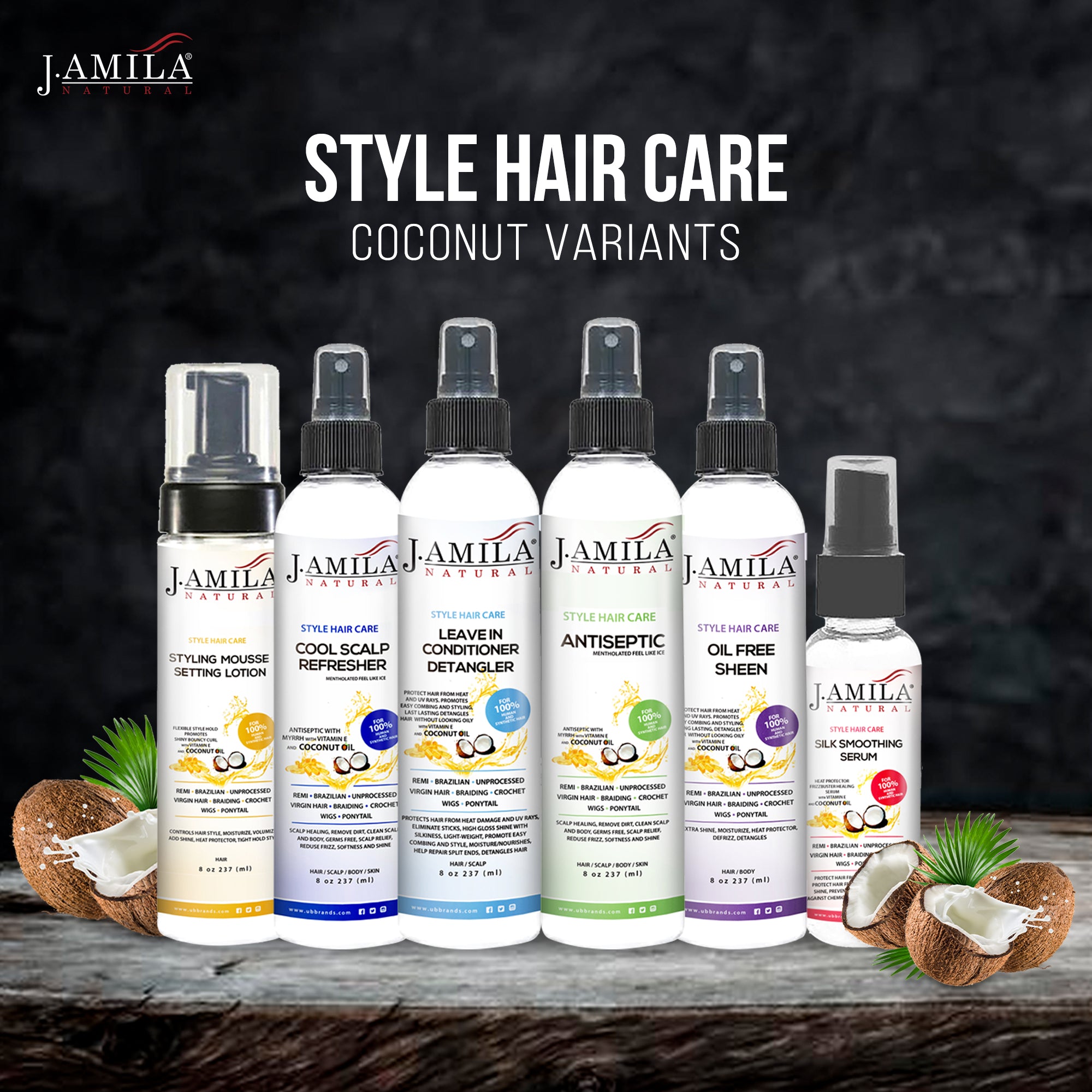 J. AMILA Natural Coconut Oil 6-in-1 Hair Care Pack (Setting Lotion, Cool Scalp, Leave-in Conditioner, Antiseptic, Oil-free Sheen, Silk Smoothing Serum)