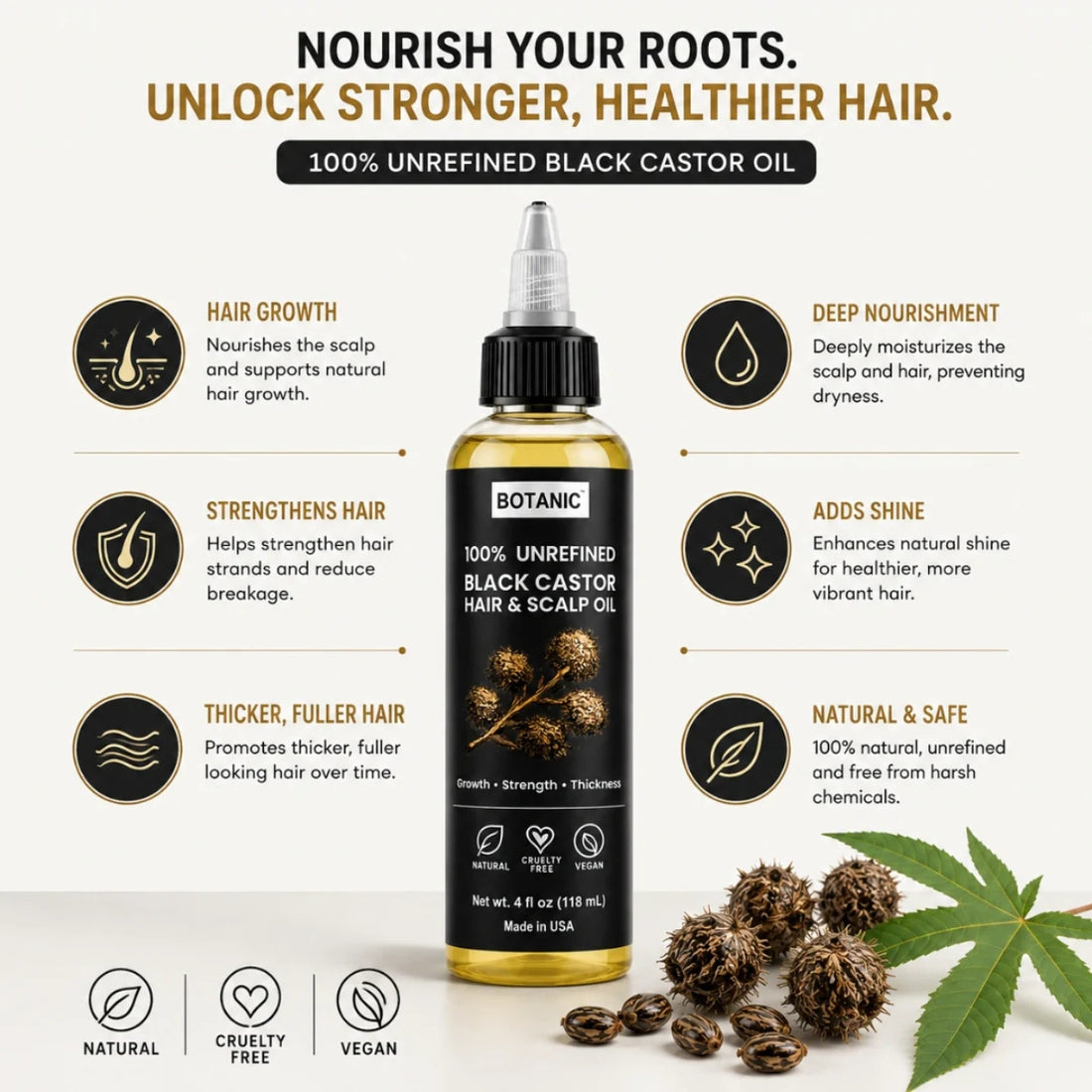 BOTANIC 100% Unrefined Black Castor Hair &amp; Scalp Oil – Hair Growth &amp; Thickness Treatment – 4 fl oz (118 mL)