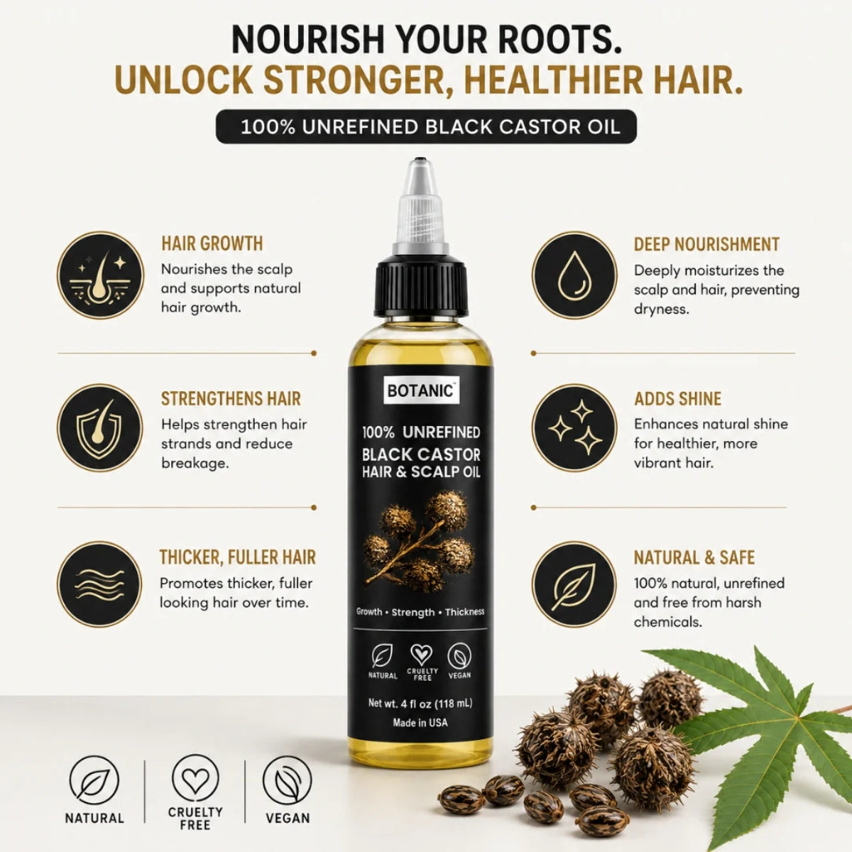 BOTANIC 100% Unrefined Black Castor Hair &amp; Scalp Oil – Hair Growth &amp; Thickness Treatment – 4 fl oz (118 mL)