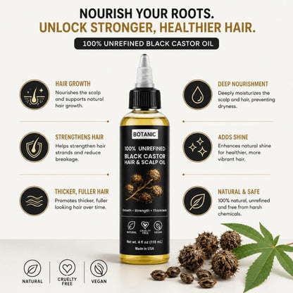 BOTANIC 100% Unrefined Black Castor Hair &amp; Scalp Oil – Hair Growth &amp; Thickness Treatment – 4 fl oz (118 mL)