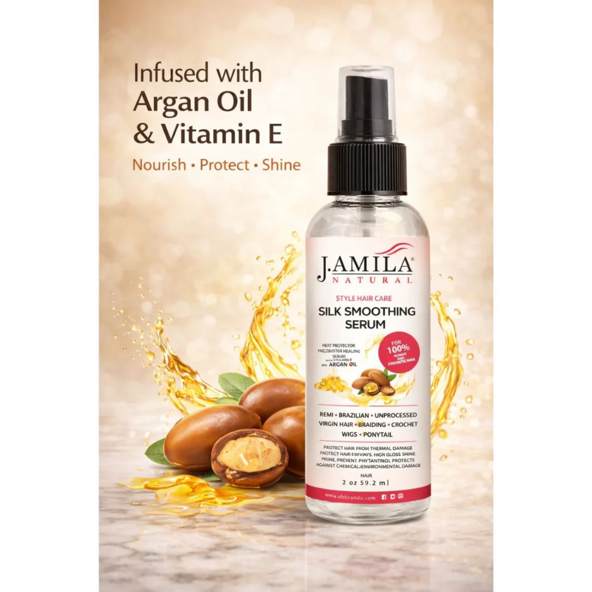 J. Amila Natural Silk Smoothing Serum with Argan Oil – Heat Protectant, Frizz Control &amp; High Gloss Shine for Natural Hair, Wigs &amp; Extensions (2 oz / 59.2 ml)