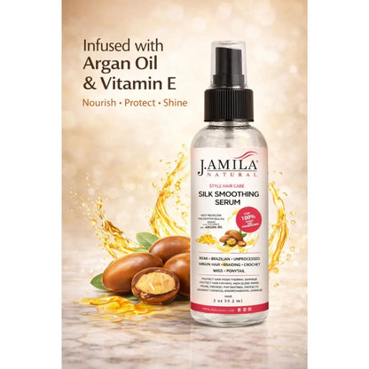 J. Amila Natural Silk Smoothing Serum with Argan Oil – Heat Protectant, Frizz Control &amp; High Gloss Shine for Natural Hair, Wigs &amp; Extensions (2 oz / 59.2 ml)