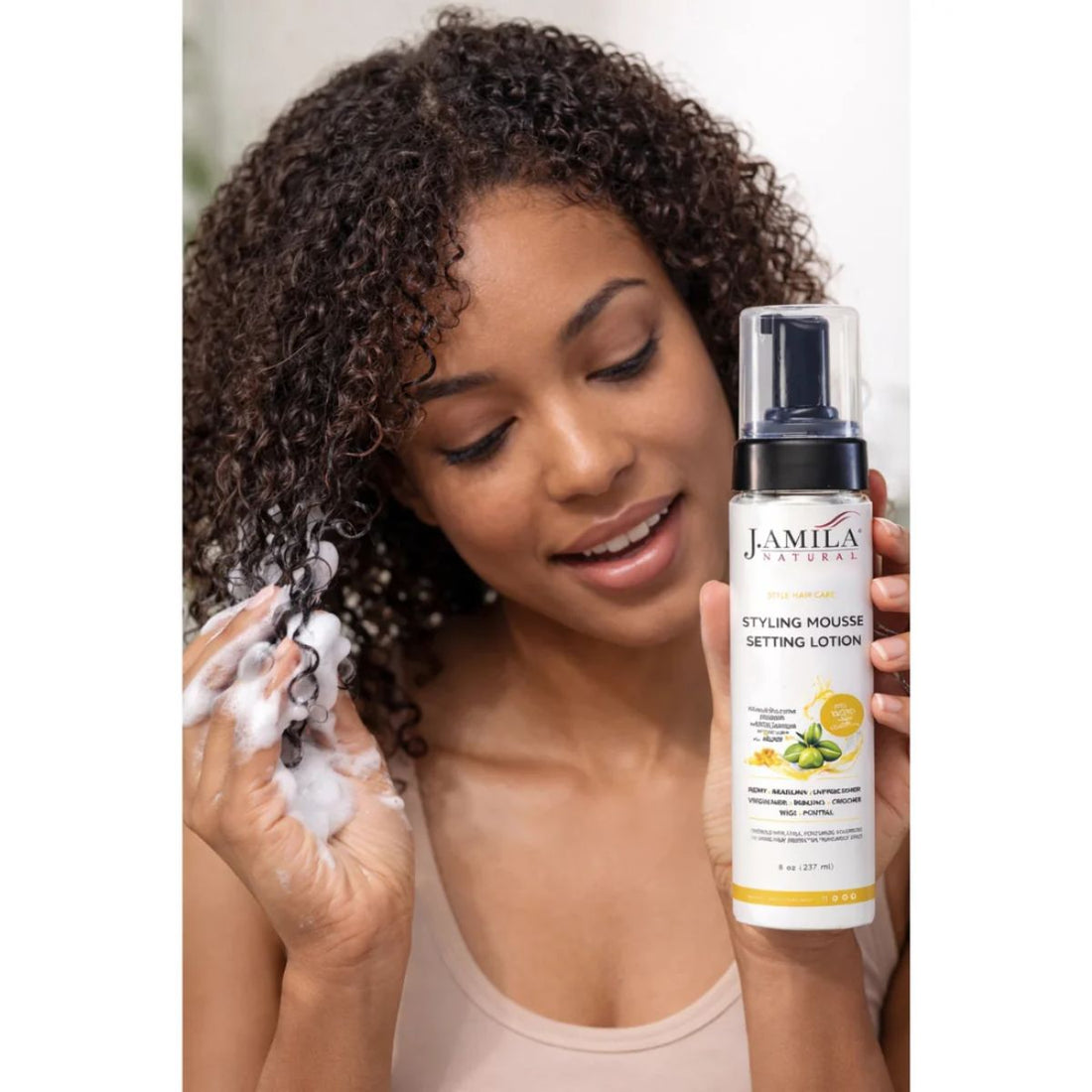 J. Amila Natural Styling Mousse Setting Lotion with Olive Oil – Flexible Hold, Frizz Control &amp; Shine – For Wigs, Weaves &amp; Natural Hair (8 oz / 237 ml)
