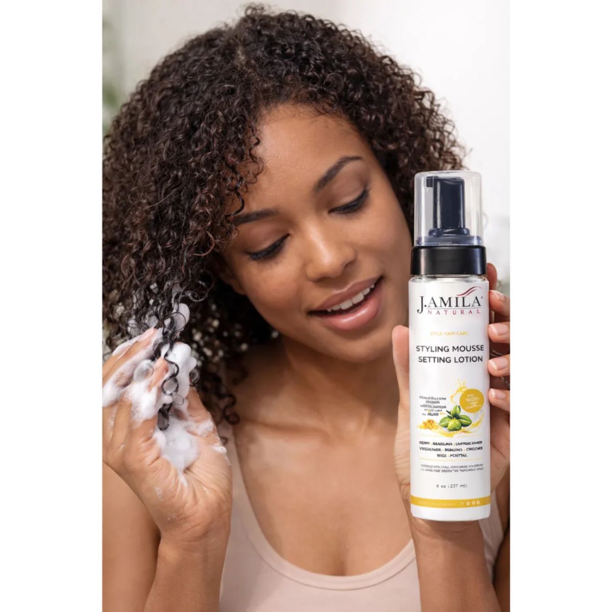 J. Amila Natural Styling Mousse Setting Lotion with Olive Oil – Flexible Hold, Frizz Control &amp; Shine – For Wigs, Weaves &amp; Natural Hair (8 oz / 237 ml)