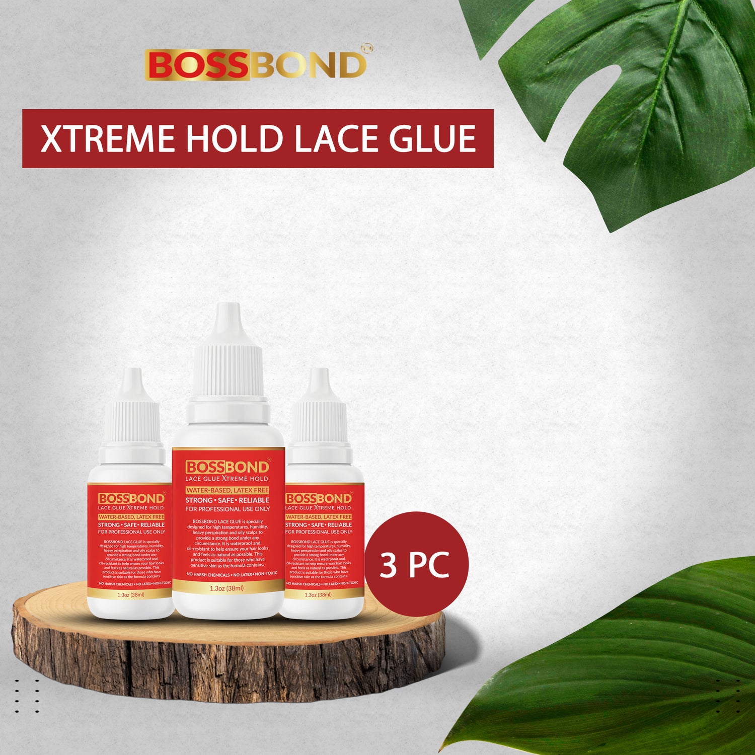 BOSSBOND Xtreme Hold Lace Glue Pack of 3 (1.3 Fl oz)