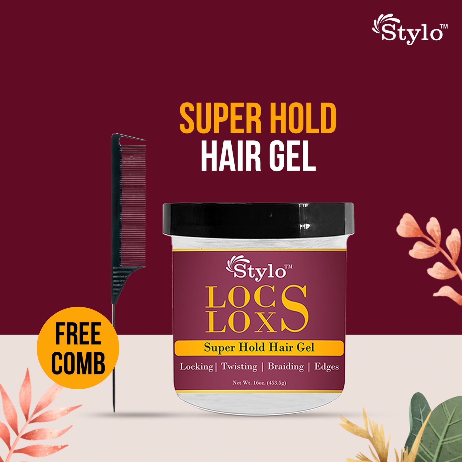 STYLO Locs Loxs Super Hold Hair Gel With Free Comb (16 Fl Oz)