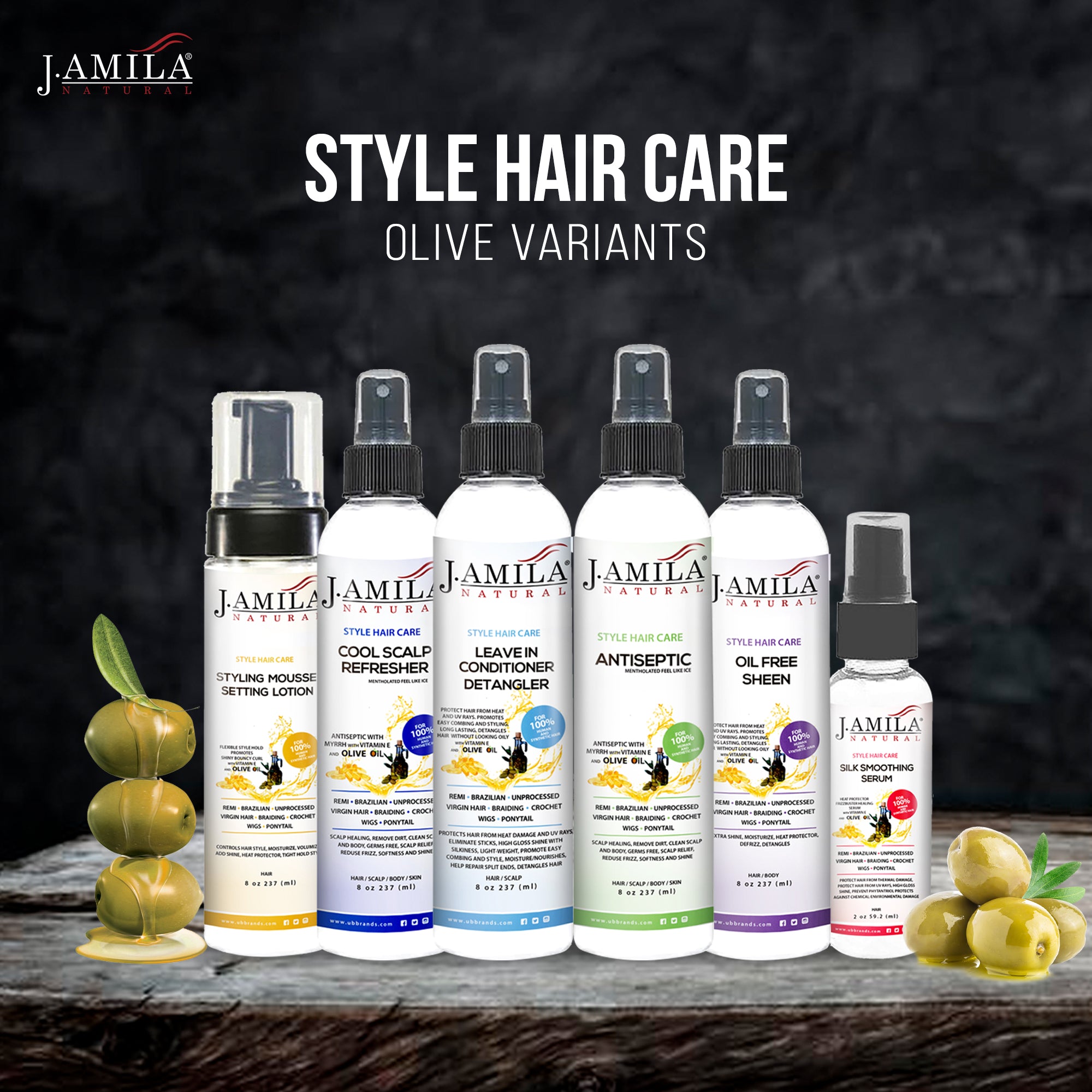 J. AMILA Natural Olive Oil 6-in-1 Hair Care Pack (Setting Lotion, Cool Scalp, Leave-in Conditioner, Antiseptic, Oil-free Sheen, Silk Smoothing Serum)