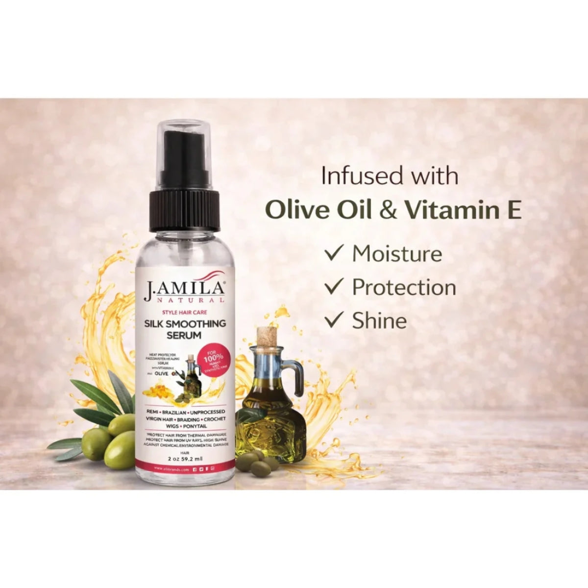J. Amila Natural Silk Smoothing Serum with Olive Oil – Heat Protectant, Frizz Control &amp; High Gloss Shine for Natural Hair, Wigs &amp; Extensions (2 oz / 59.2 ml)
