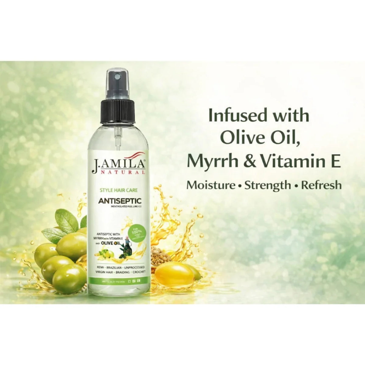 J. Amila Natural Antiseptic Spray with Olive Oil – Mentholated Scalp Relief, Itch Control &amp; Scalp Detox for Wigs, Braids &amp; Natural Hair (8 oz / 237 ml)