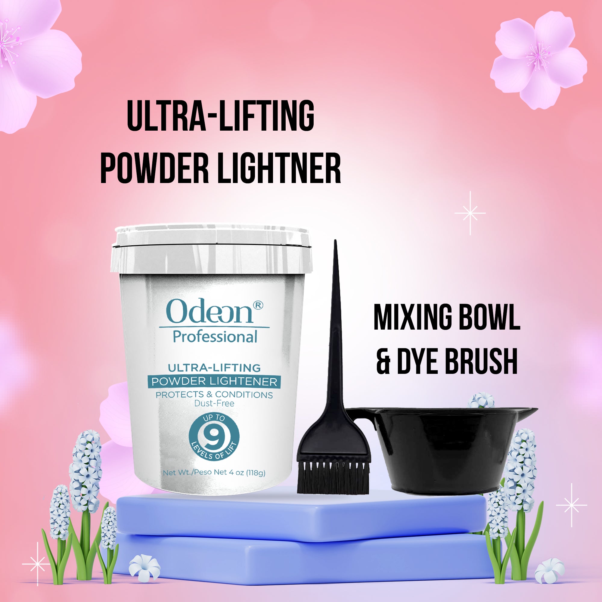 Odeon Professional Ultra-Lifting Powder Lightener Up to 9 Levels with Mixing Bowl and Dye Brush 4oz (118g)