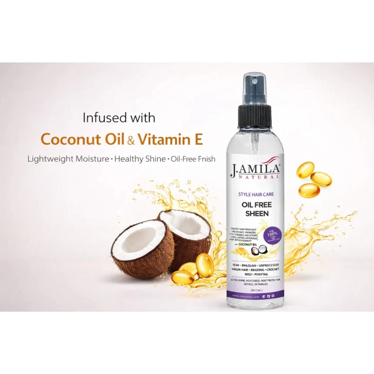 J. AMILA Natural Oil Free Sheen Spray with Vitamin E &amp; Coconut Oil – Lightweight Shine, Heat &amp; UV Protection for Wigs, Braids &amp; Natural Hair 8 oz 237 ml
