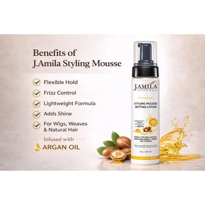 Amila Natural Styling Mousse Setting Lotion with Argan Oil – Flexible Hold, Frizz Control &amp; Shine – For Wigs, Weaves &amp; Natural Hair (8oz)