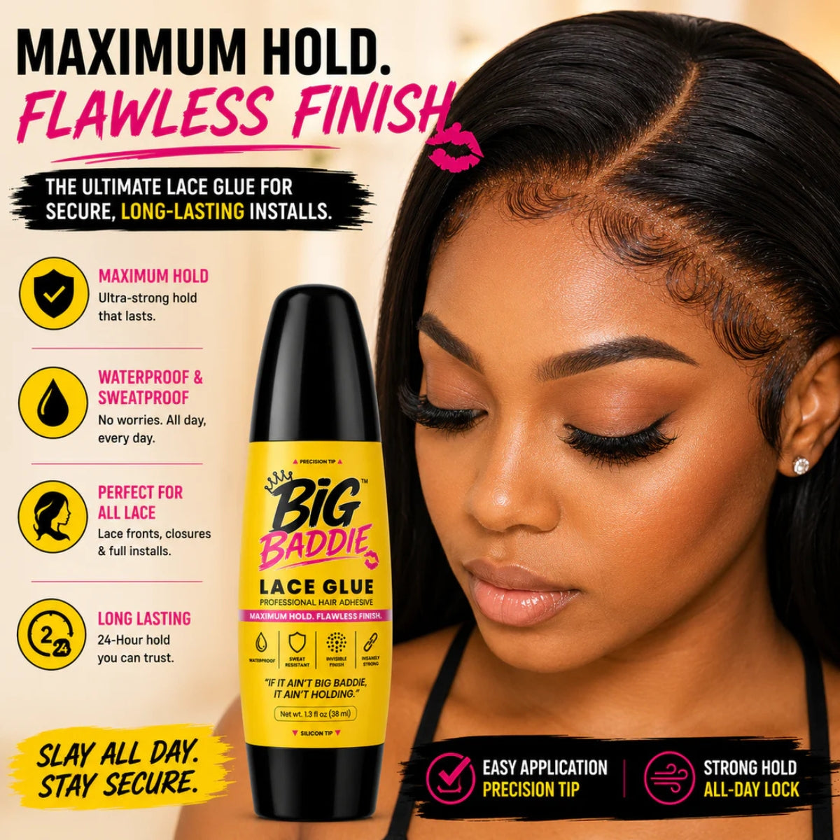 BIG BADDIE Lace Glue – Maximum Hold Waterproof Wig Adhesive with Precision &amp; Silicon Tip (1.3oz / 38mL)