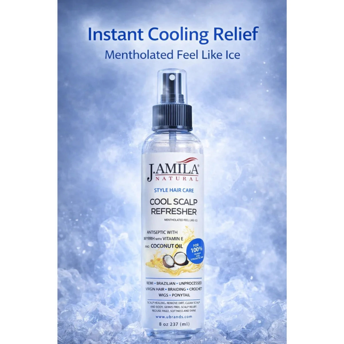 J. AMILA Natural Cool Scalp Refresher with Menthol, Myrrh, Vitamin E &amp; Coconut Oil – Cooling Scalp Spray for Braids, Wigs, Natural &amp; Synthetic Hair (8 oz)