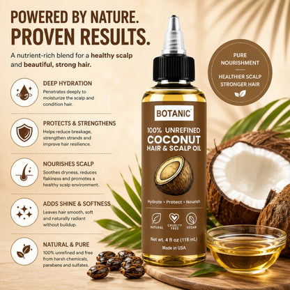 BOTANIC 100% Unrefined Coconut Hair &amp; Scalp Oil – Deep Hydration &amp; Hair Nourishment – 4 fl oz (118 mL)