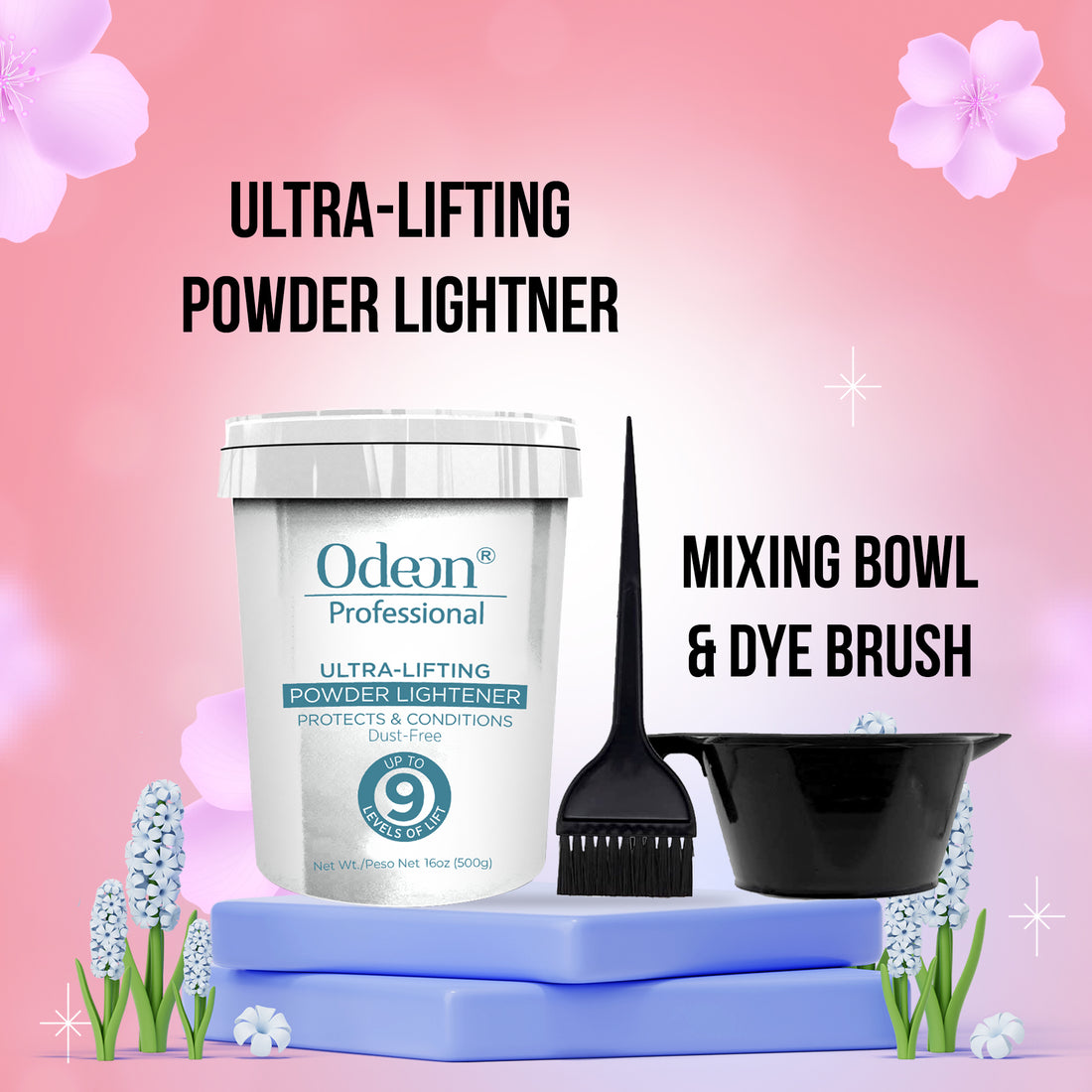 Odeon Professional Ultra-Lifting Powder Lightener Up to 9 Levels with Mixing Bowl and Dye Brush 16oz (500g)