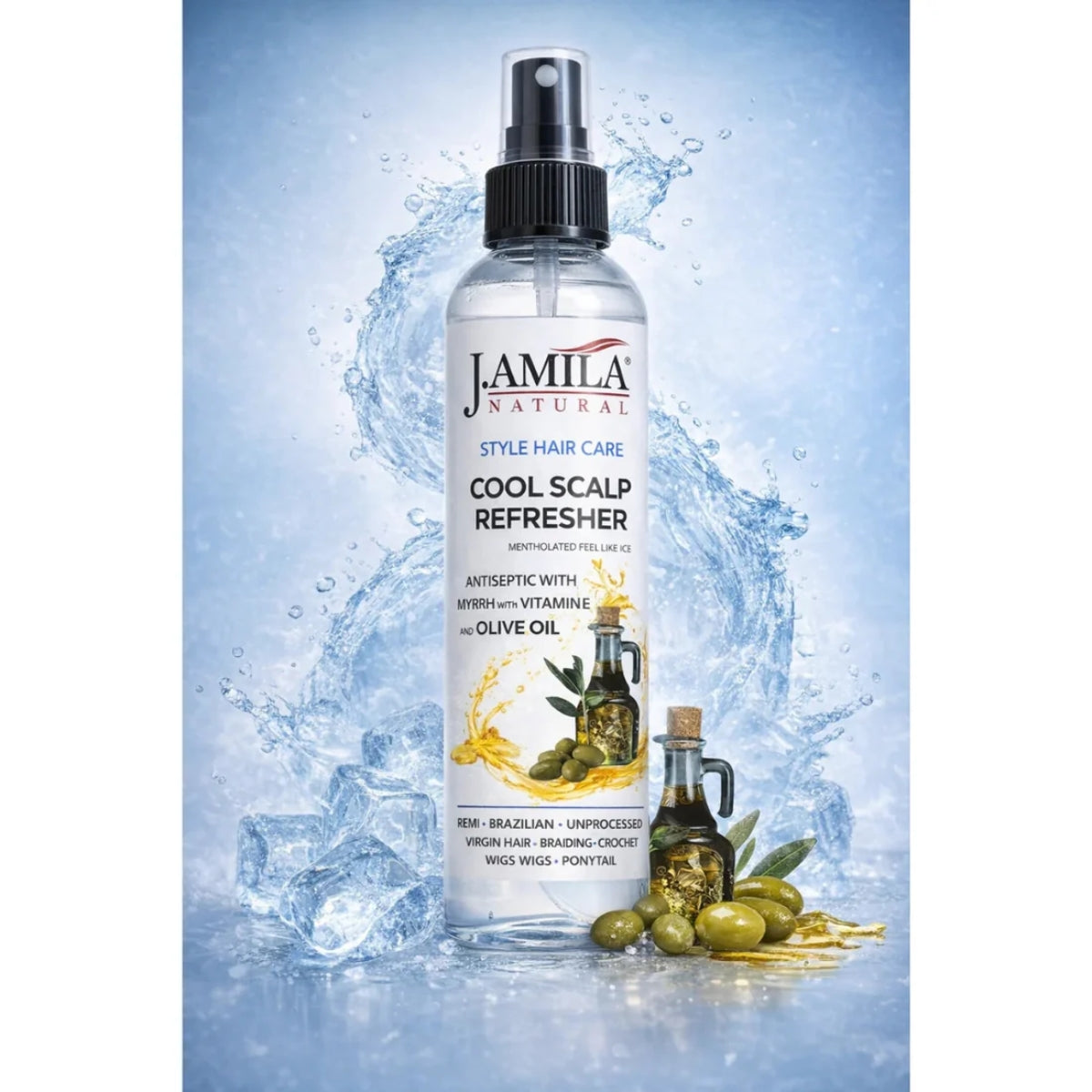 J. AMILA Natural Cool Scalp Refresher with Menthol, Myrrh, Vitamin E &amp; Olive Oil – Cooling Scalp Spray for Braids, Wigs, Natural &amp; Synthetic Hair (8 oz)