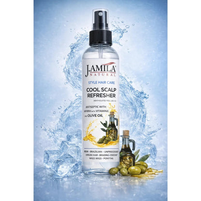 J. AMILA Natural Cool Scalp Refresher with Menthol, Myrrh, Vitamin E &amp; Olive Oil – Cooling Scalp Spray for Braids, Wigs, Natural &amp; Synthetic Hair (8 oz)