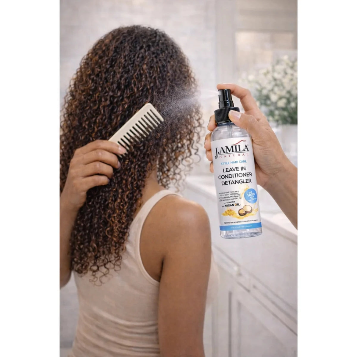 J. AMILA Natural Leave-In Conditioner &amp; Detangler with Vitamin E &amp; Argan Oil – Heat &amp; UV Protection for Natural, Wigs, Braids &amp; Synthetic Hair (8 oz)
