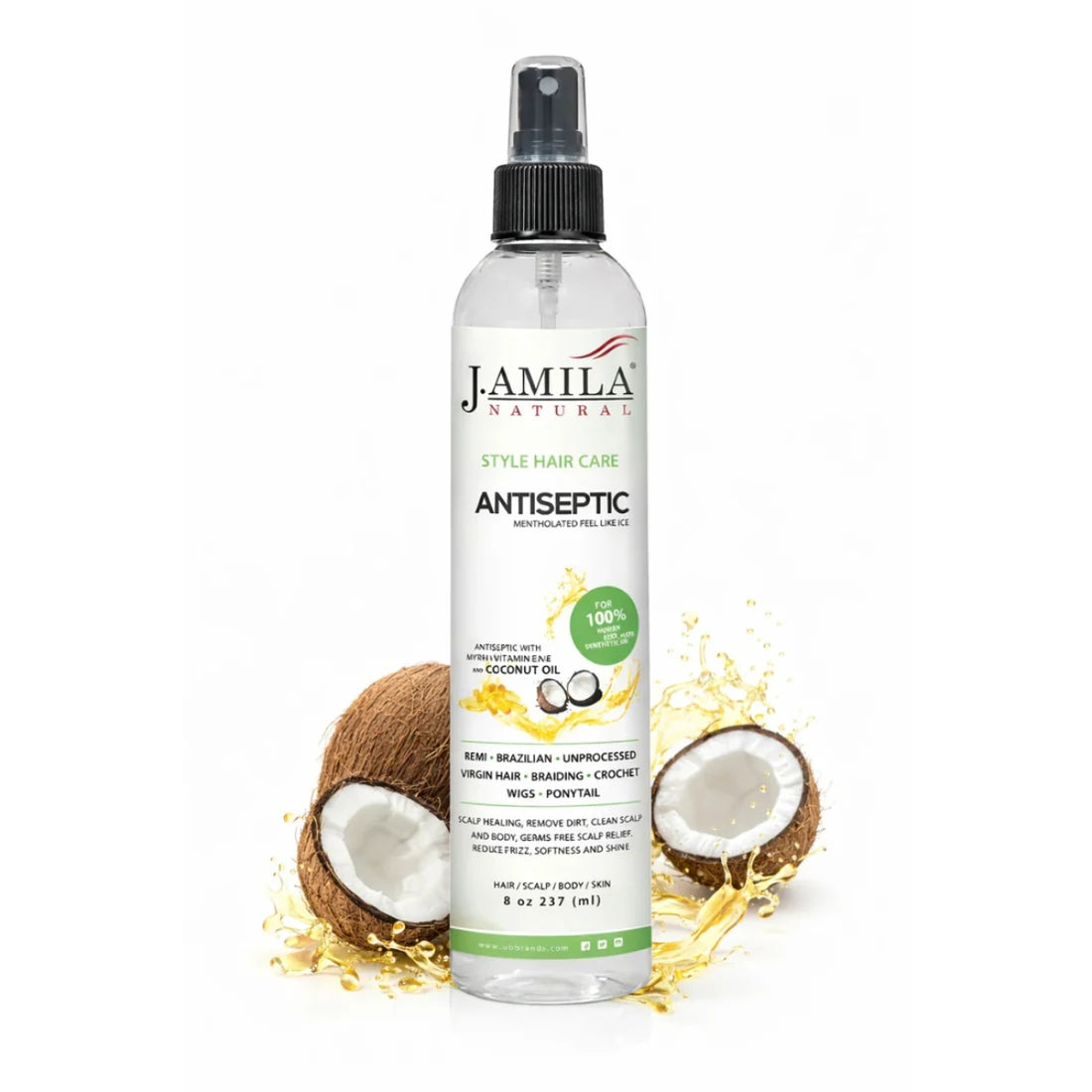 J. Amila Natural Antiseptic Spray with Coconut Oil – Mentholated Scalp Relief, Itch Control &amp; Scalp Detox for Wigs, Braids &amp; Natural Hair (8 oz / 237 ml)
