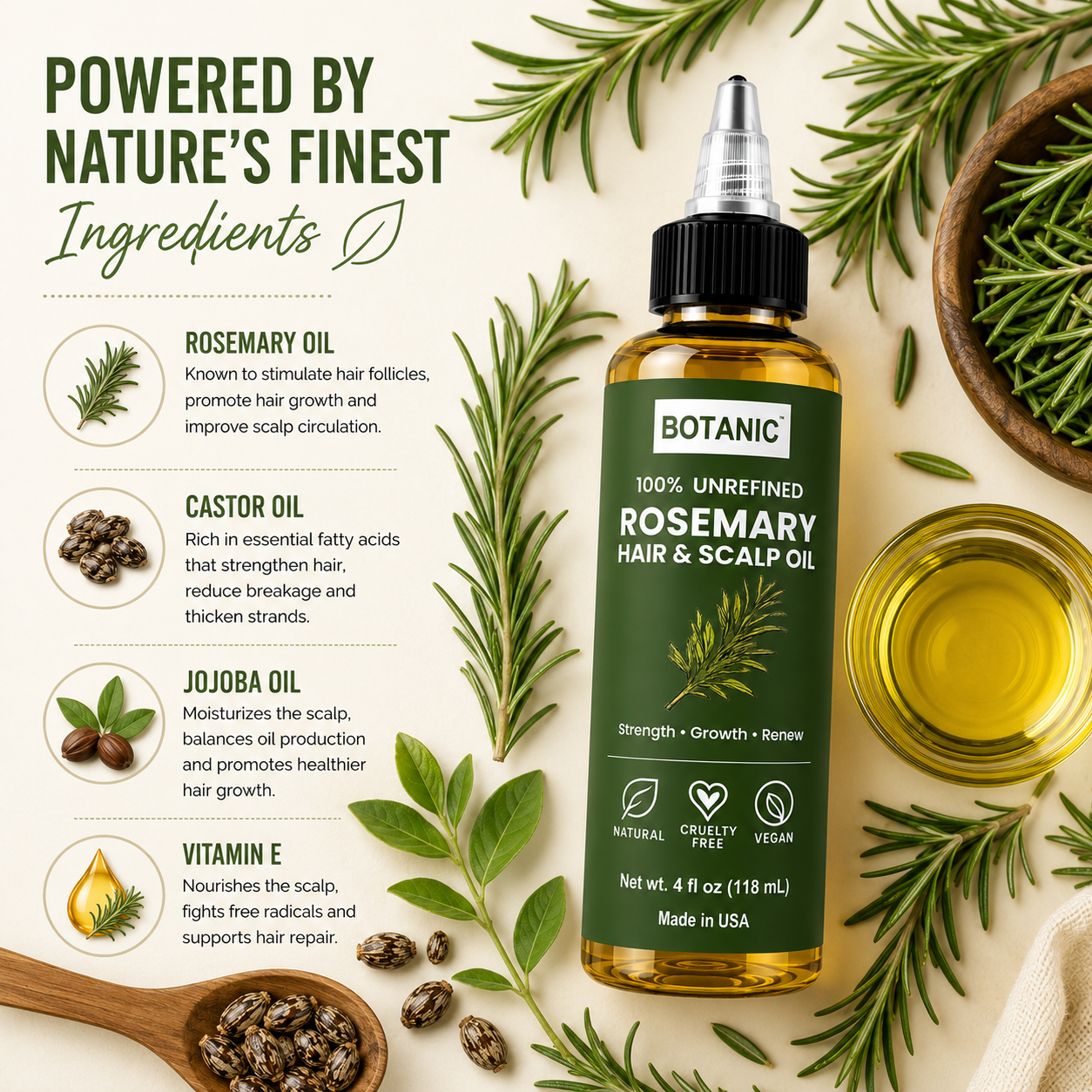 BOTANIC 100% Unrefined Rosemary Hair &amp; Scalp Oil – Hair Growth &amp; Scalp Nourishing Treatment – 4 fl oz (118 mL)
