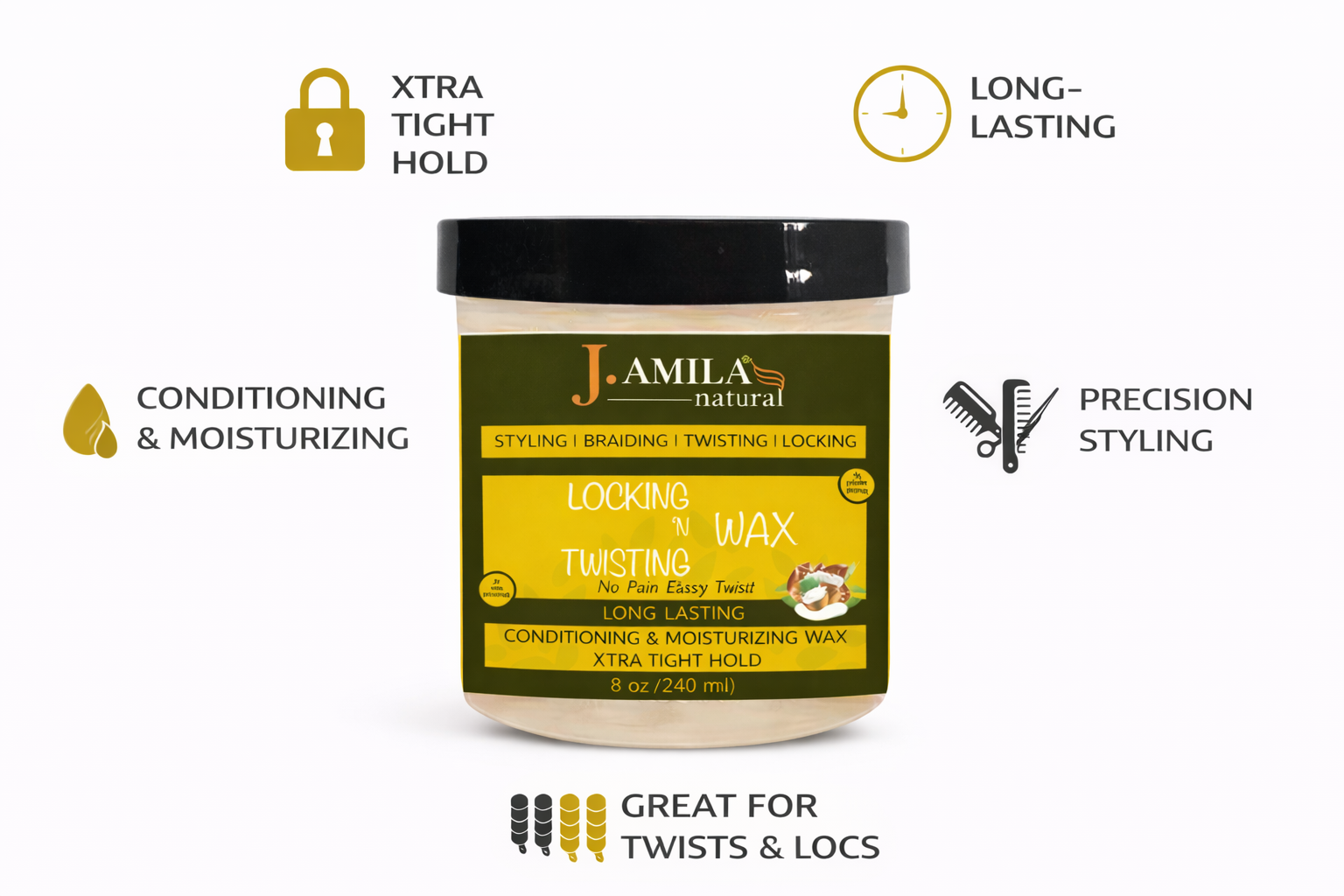 Jamila Natural Award-Winning– Xtra Tight Hold Twisting ‘N Locking Wax (8oz / 240ml)