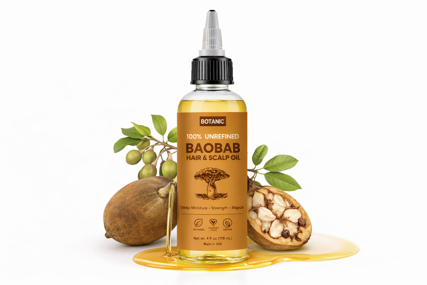 100% Unrefined Baobab Hair &amp; Scalp Oil – Deep Moisture, Strength &amp; Repair | Vegan, Cruelty-Free 4 fl oz (118 mL)