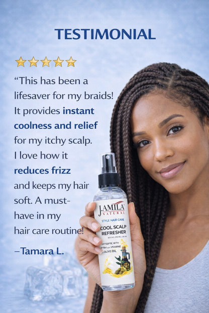 J. AMILA Natural Cool Scalp Refresher with Menthol, Myrrh, Vitamin E &amp; Olive Oil – Cooling Scalp Spray for Braids, Wigs, Natural &amp; Synthetic Hair (8 oz)