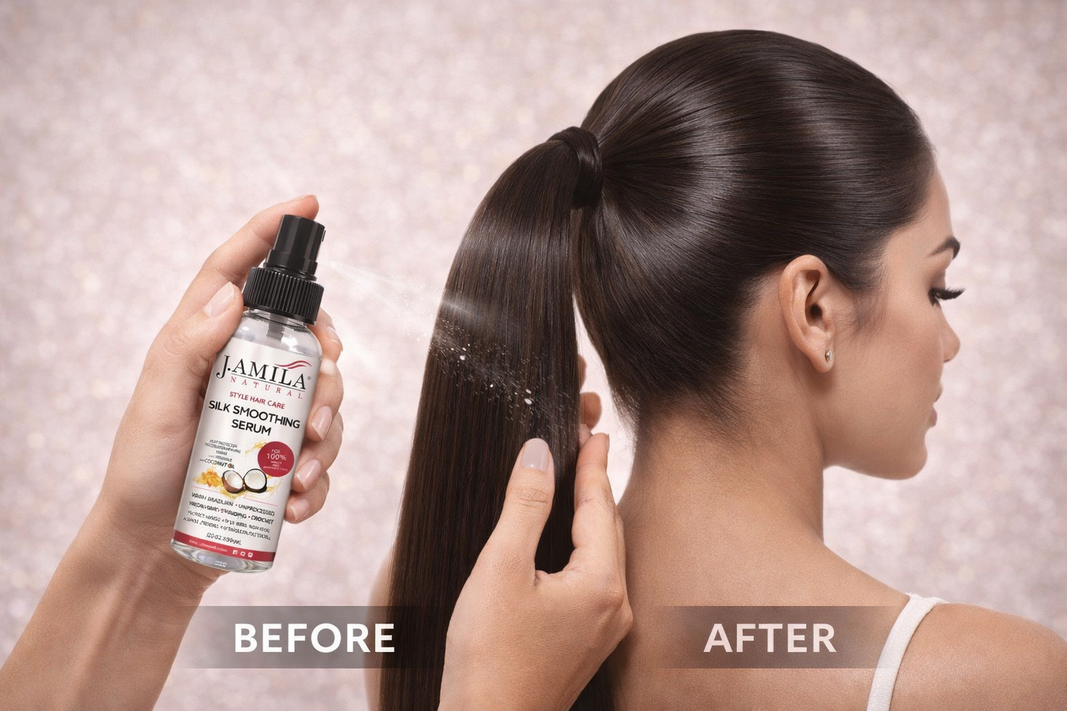 J. Amila Natural Silk Smoothing Serum with cocnut Oil – Heat Protectant, Frizz Control &amp; High Gloss Shine for Natural Hair, Wigs &amp; Extensions (2 oz / 59.2 ml)