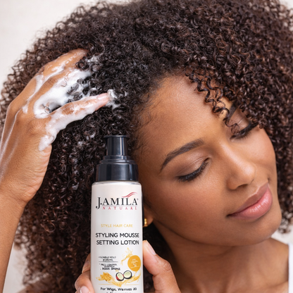 J. Amila Natural Styling Mousse Setting Lotion with Coconut Oil – Flexible Hold, Frizz Control &amp; Shine – For Wigs, Weaves &amp; Natural Hair (8oz)