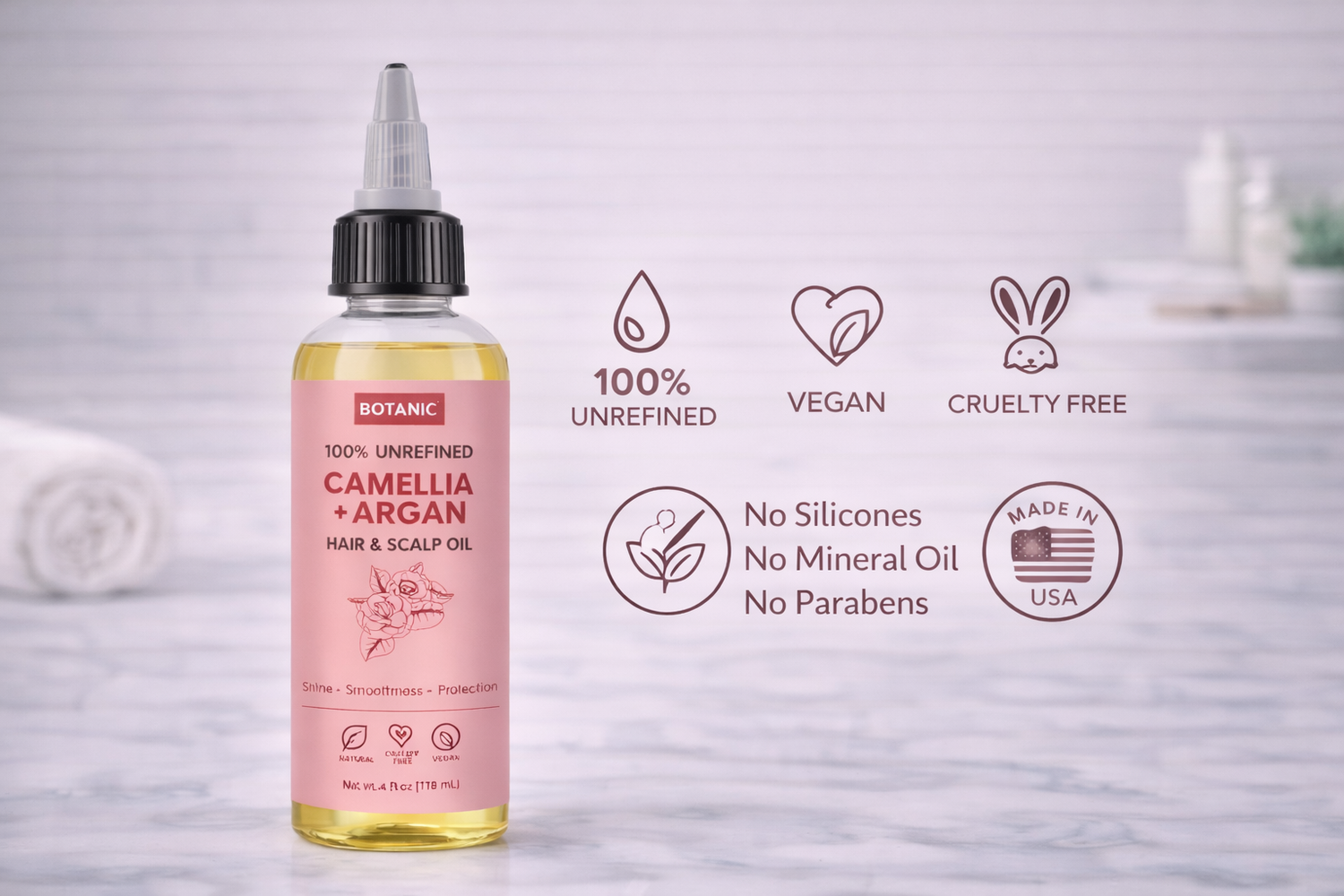 100% Unrefined Camellia + Argan Hair &amp; Scalp Oil – Shine, Smoothness &amp; Protection | Vegan, Cruelty-Free 4 fl oz (118 mL)