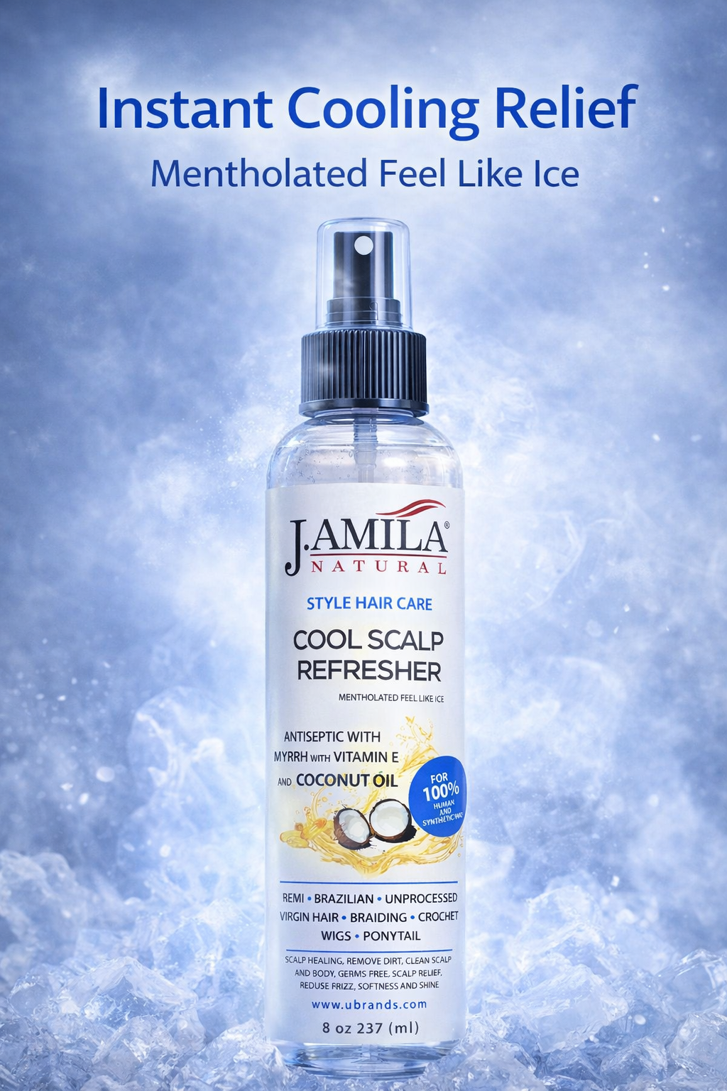 J. AMILA Natural Cool Scalp Refresher with Menthol, Myrrh, Vitamin E &amp; Coconut Oil – Cooling Scalp Spray for Braids, Wigs, Natural &amp; Synthetic Hair (8 oz)