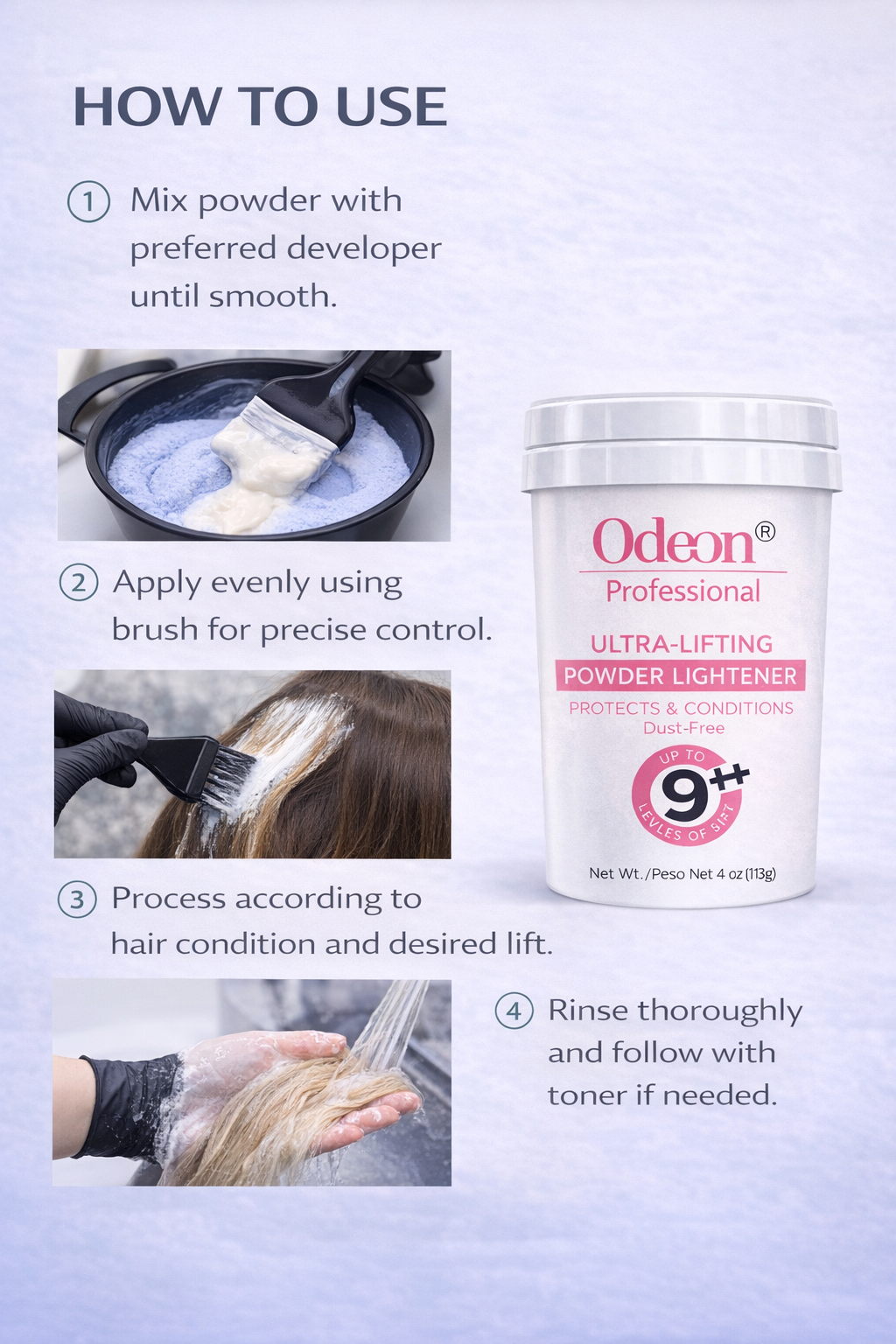 Odeon® Professional Ultra-Lifting Powder Lightener – Up to 9++ Levels 4oz Includes Mixing Bowl &amp; Dye Brush