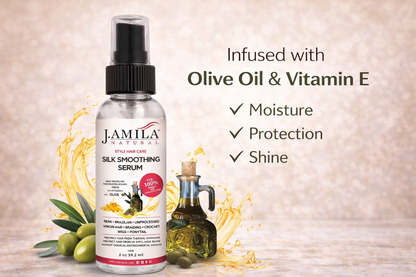 J. Amila Natural Silk Smoothing Serum with Olive Oil – Heat Protectant, Frizz Control &amp; High Gloss Shine for Natural Hair, Wigs &amp; Extensions (2 oz / 59.2 ml)