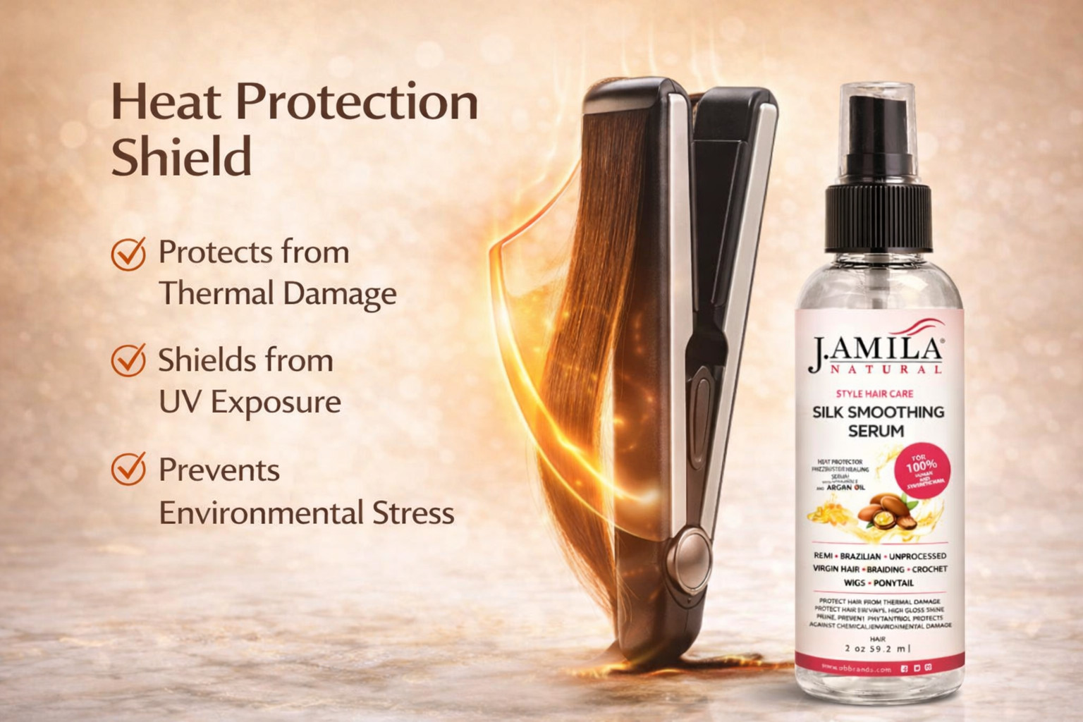 J. Amila Natural Silk Smoothing Serum with Argan Oil – Heat Protectant, Frizz Control &amp; High Gloss Shine for Natural Hair, Wigs &amp; Extensions (2 oz / 59.2 ml)