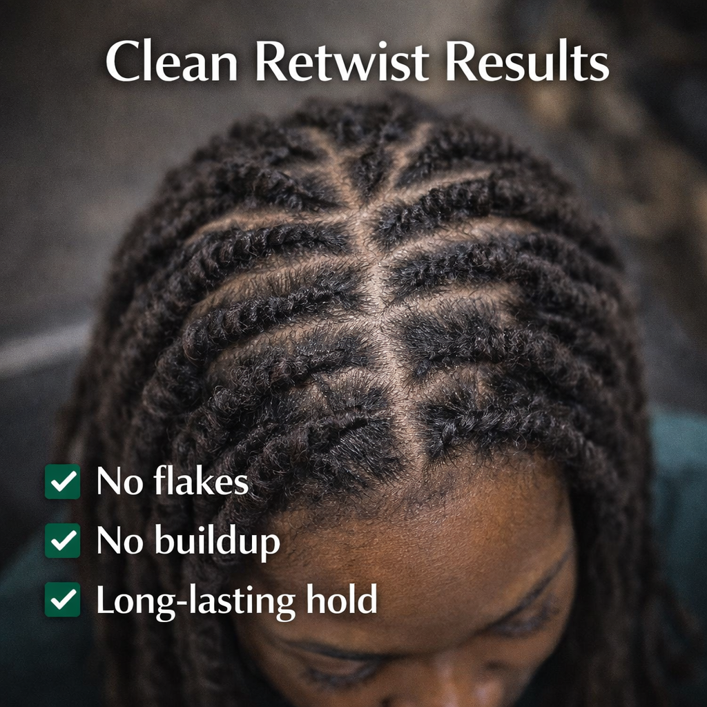 Freshly retwisted locs with clean parts showing no flakes, no buildup, and long-lasting hold