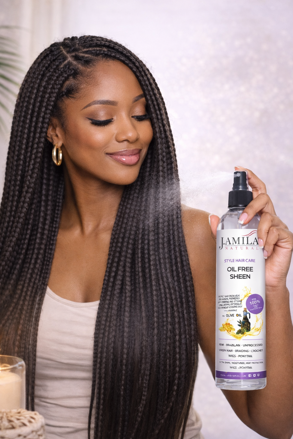 J. AMILA Natural Oil Free Sheen Spray with Vitamin E &amp; Olive Oil – Lightweight Shine, Heat &amp; UV Protection for Wigs, Braids &amp; Natural Hair 8 oz 237 ml