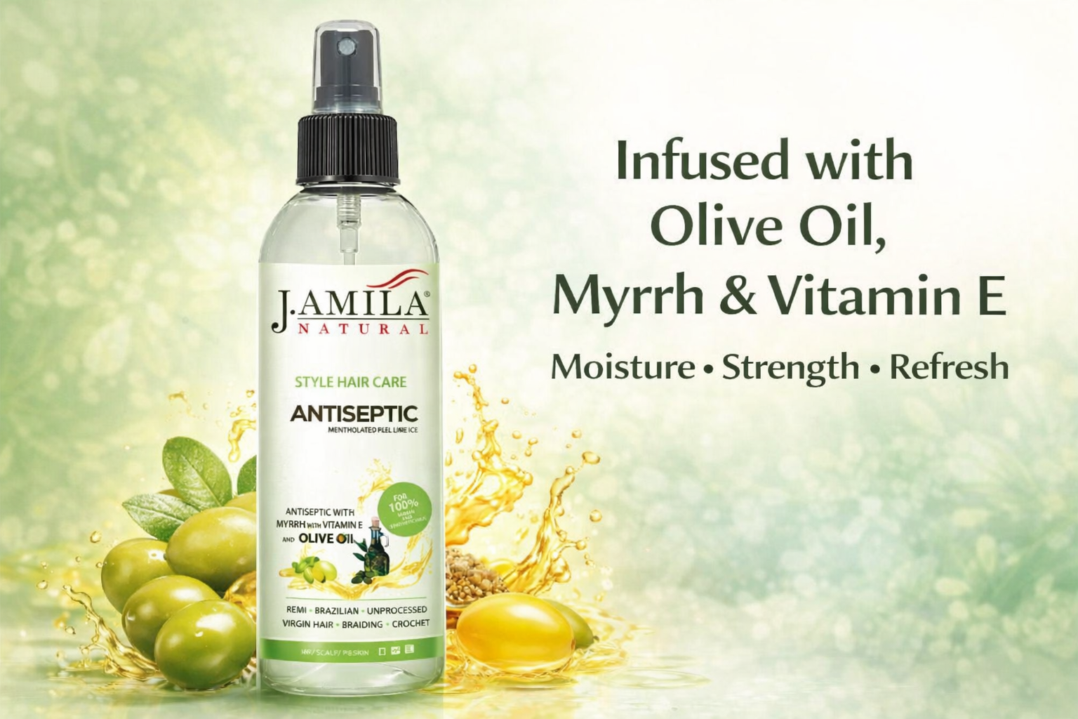 J. Amila Natural Antiseptic Spray with Olive Oil – Mentholated Scalp Relief, Itch Control &amp; Scalp Detox for Wigs, Braids &amp; Natural Hair (8 oz / 237 ml)
