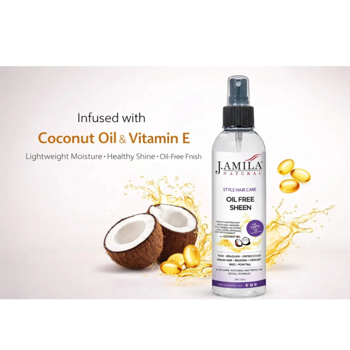 J. AMILA Natural Oil Free Sheen Spray with Vitamin E &amp; Coconut Oil – Lightweight Shine, Heat &amp; UV Protection for Wigs, Braids &amp; Natural Hair 8 oz 237 ml