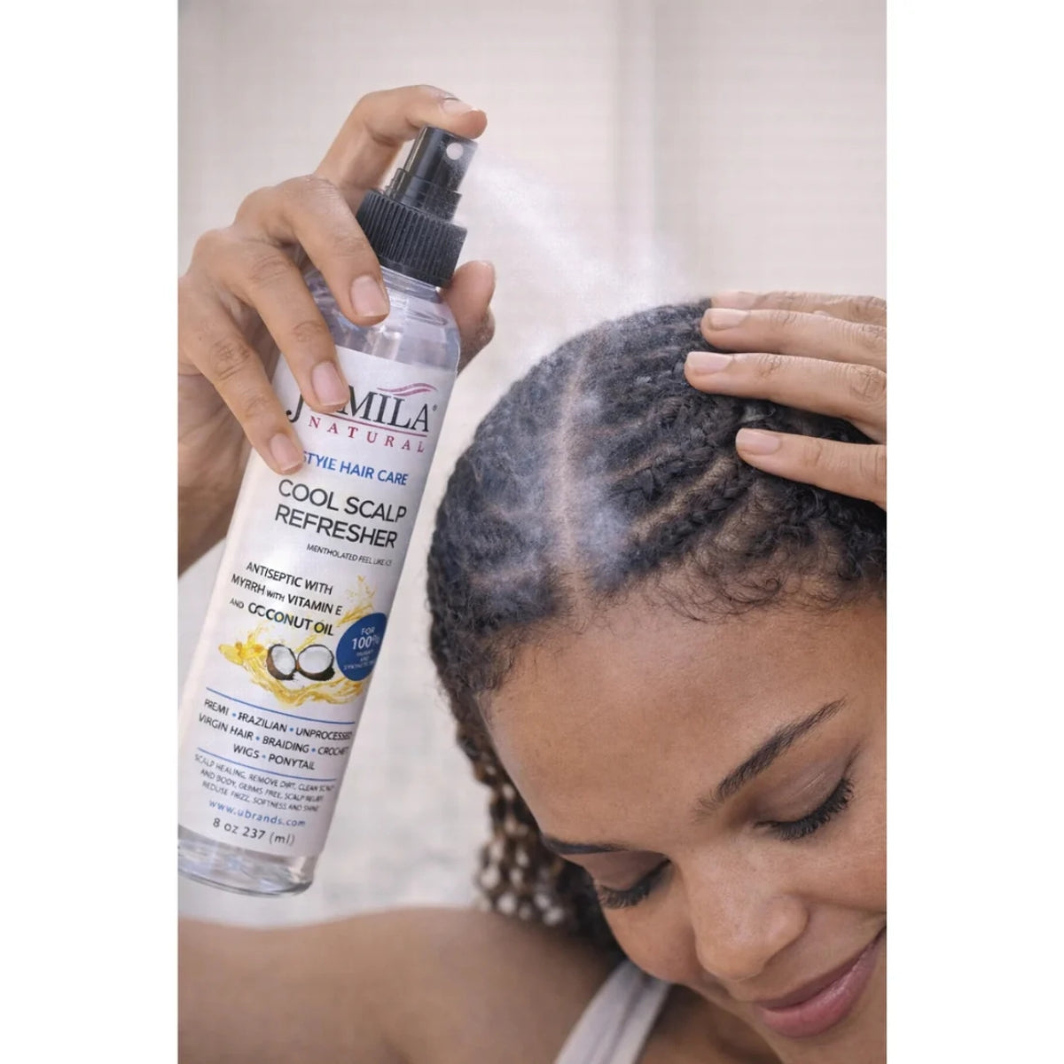 J. AMILA Natural Cool Scalp Refresher with Menthol, Myrrh, Vitamin E &amp; Coconut Oil – Cooling Scalp Spray for Braids, Wigs, Natural &amp; Synthetic Hair (8 oz)