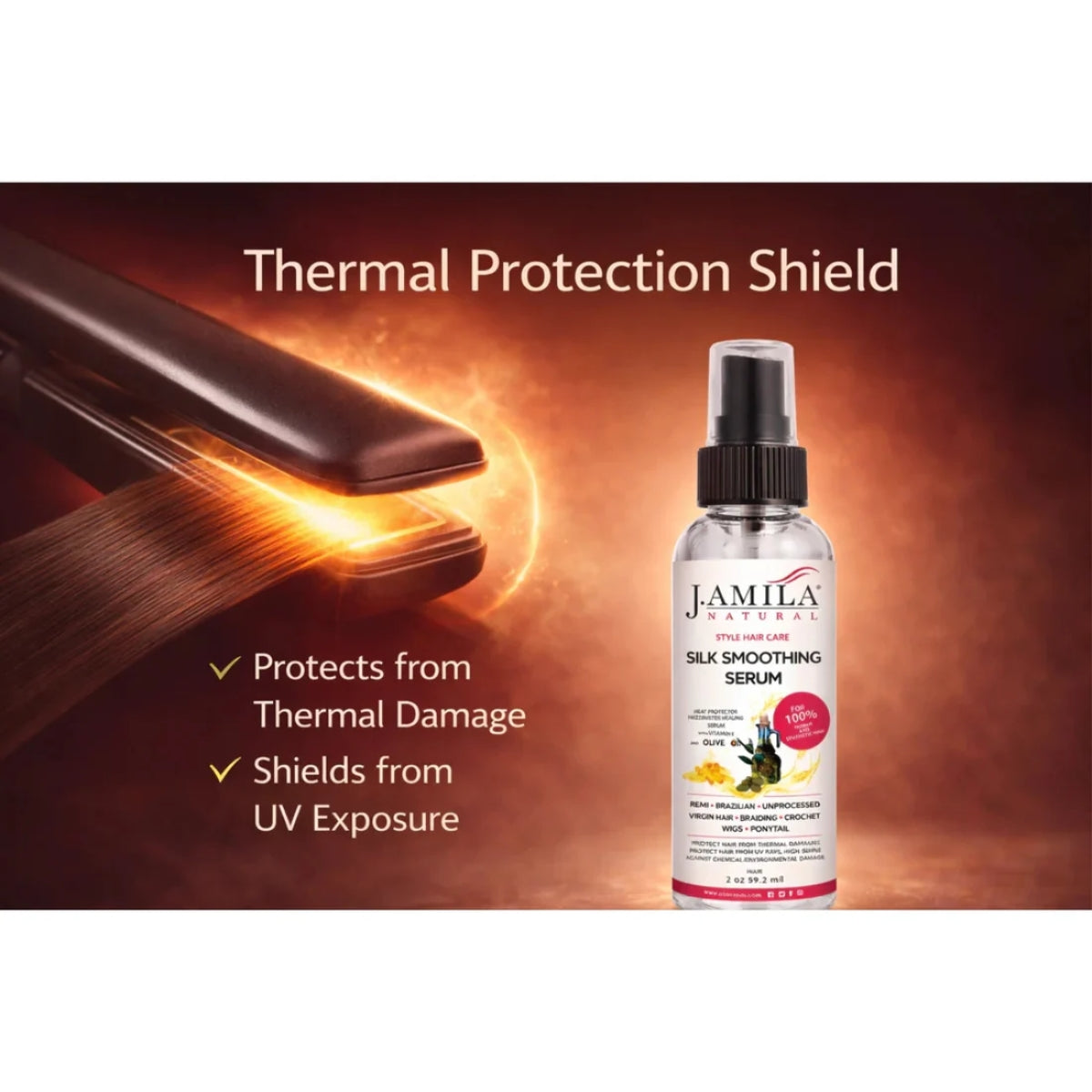 J. Amila Natural Silk Smoothing Serum with Olive Oil – Heat Protectant, Frizz Control &amp; High Gloss Shine for Natural Hair, Wigs &amp; Extensions (2 oz / 59.2 ml)