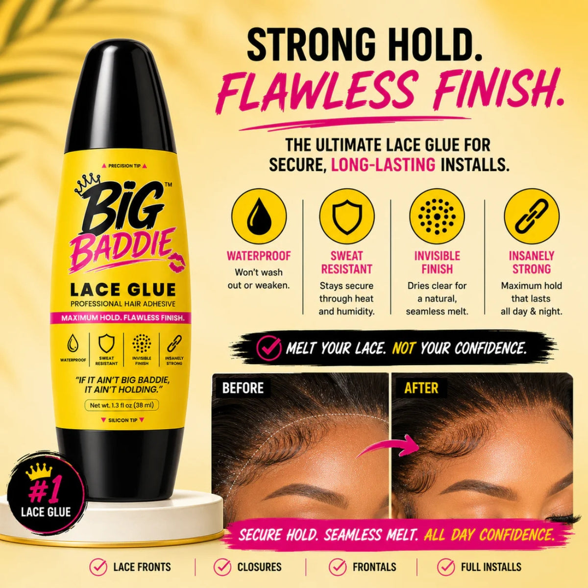 BIG BADDIE Lace Glue – Maximum Hold Waterproof Wig Adhesive with Precision &amp; Silicon Tip (1.3oz / 38mL)