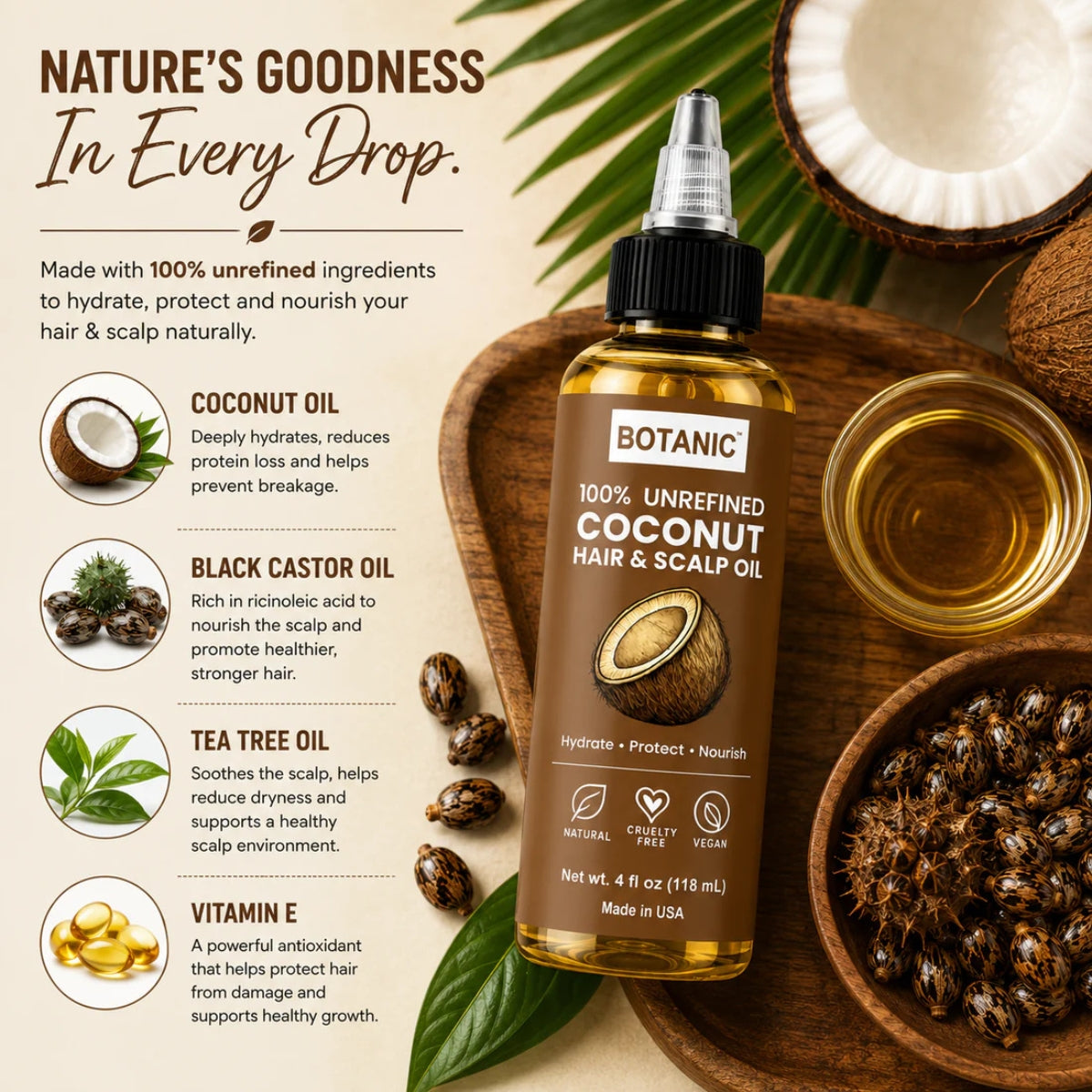 BOTANIC 100% Unrefined Coconut Hair &amp; Scalp Oil – Deep Hydration &amp; Hair Nourishment – 4 fl oz (118 mL)