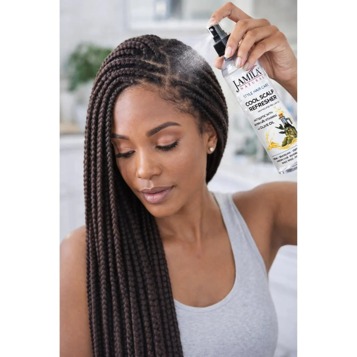 J. AMILA Natural Cool Scalp Refresher with Menthol, Myrrh, Vitamin E &amp; Olive Oil – Cooling Scalp Spray for Braids, Wigs, Natural &amp; Synthetic Hair (8 oz)