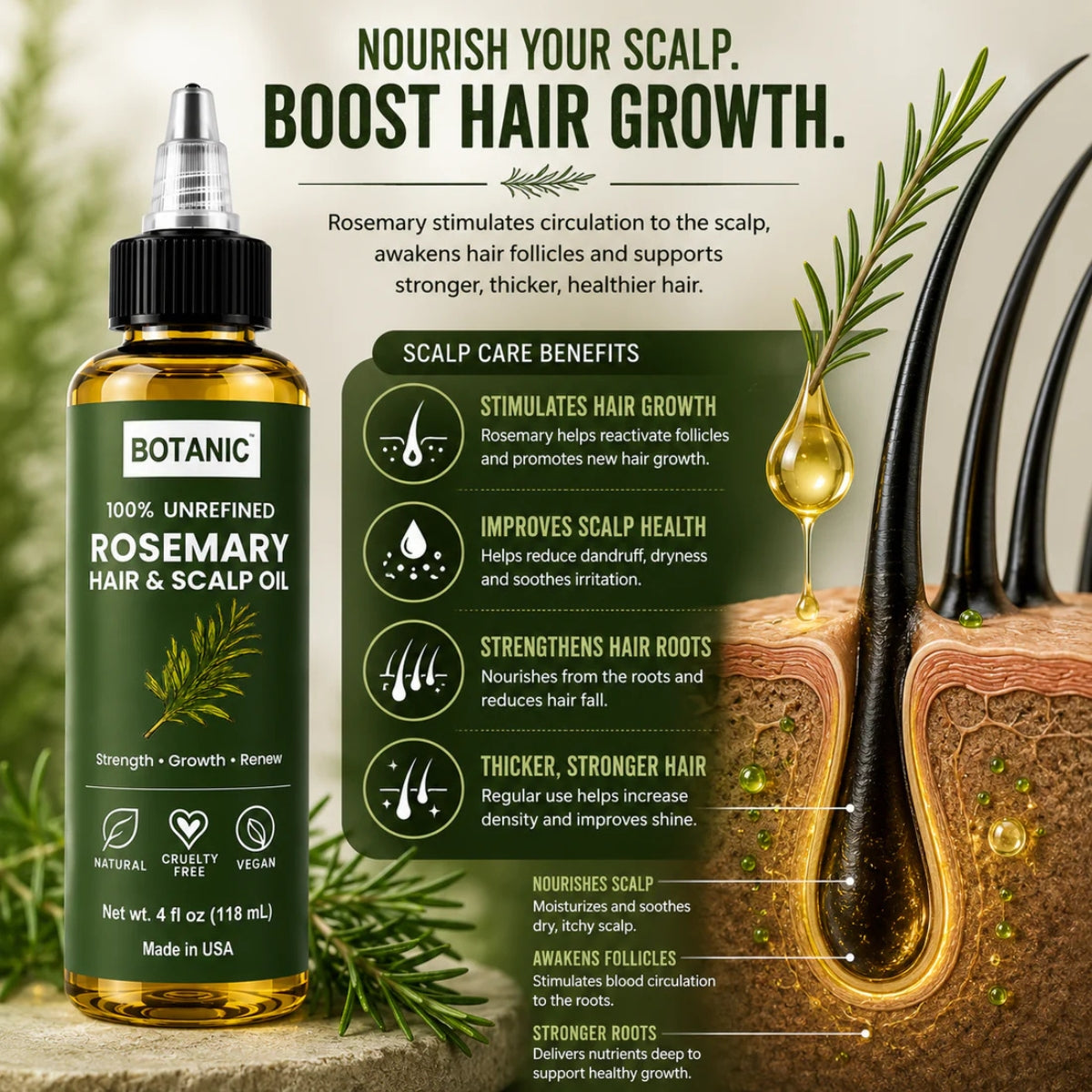 BOTANIC 100% Unrefined Rosemary Hair &amp; Scalp Oil – Hair Growth &amp; Scalp Nourishing Treatment – 4 fl oz (118 mL)