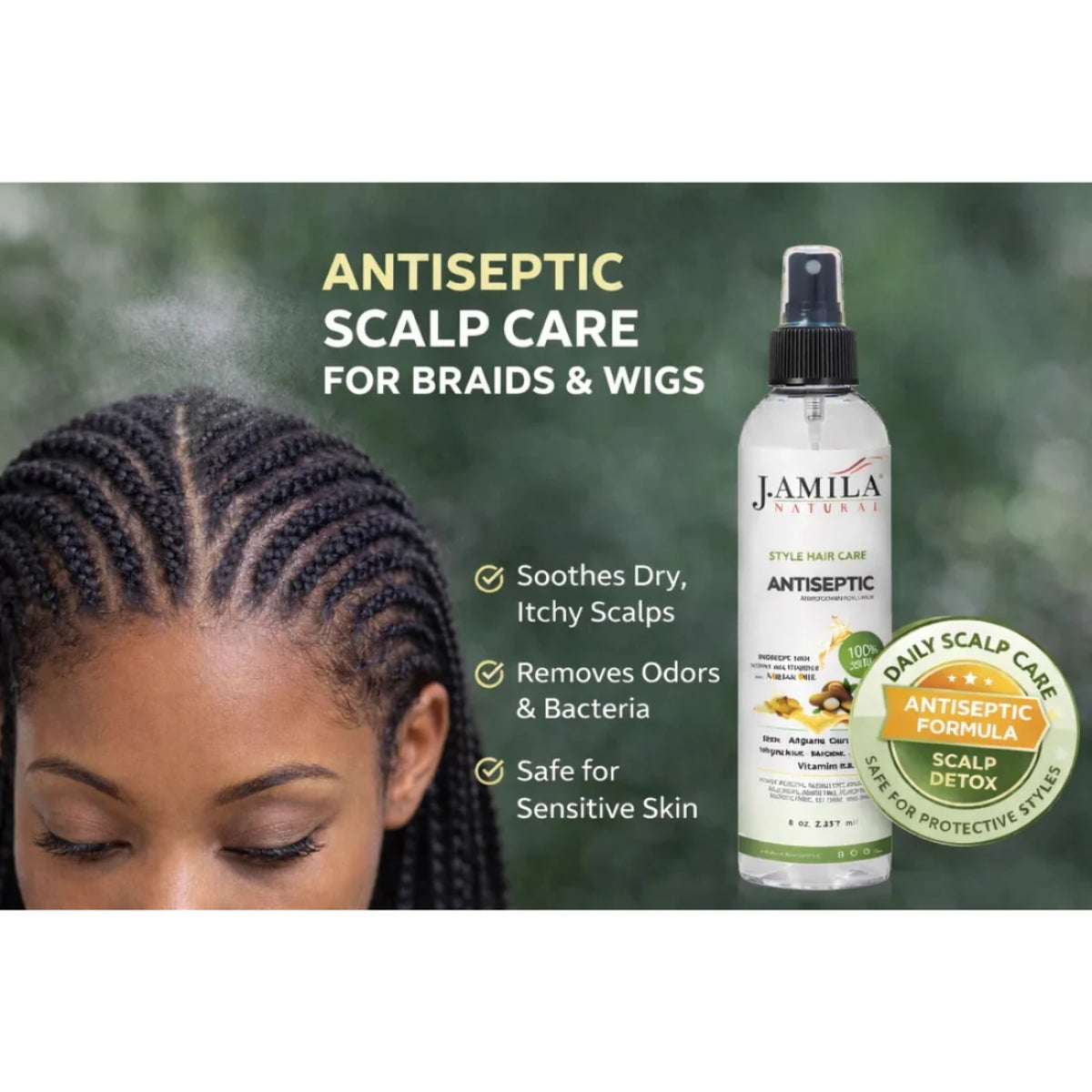 J. Amila Natural Antiseptic Spray with Argan Oil &amp; Myrrh – Scalp Relief, Itch Control &amp; Cleanse for Wigs, Braids &amp; Natural Hair (8 oz / 237 ml)